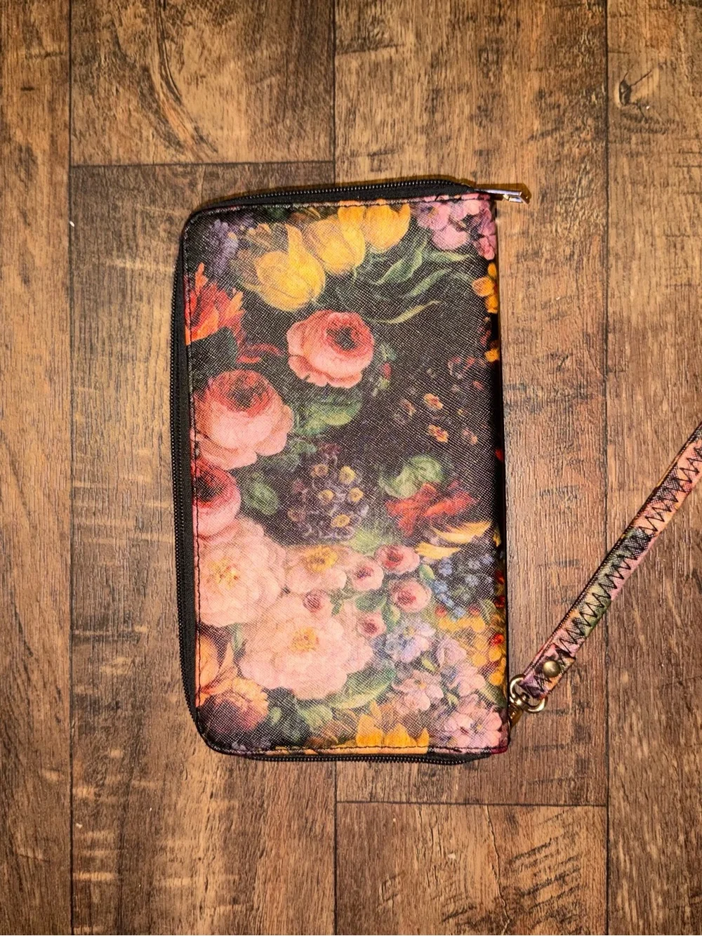 Floral Zip-Around Wristlet Wallet - Pink & Black